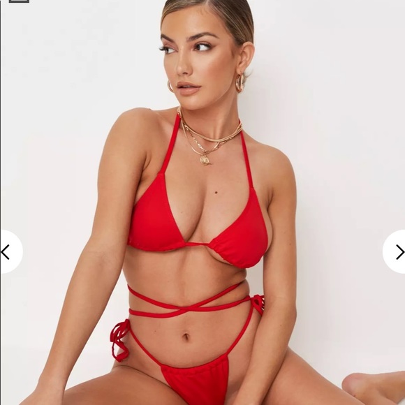 MissGuided Red Wrap Around Bikini Top Thong Set - Picture 7 of 9